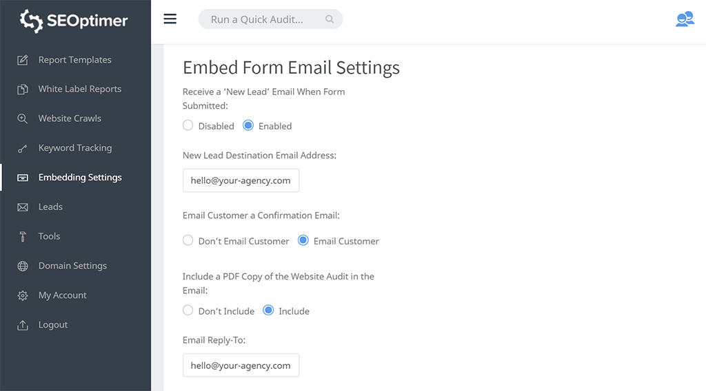 Notificações de email do formulário